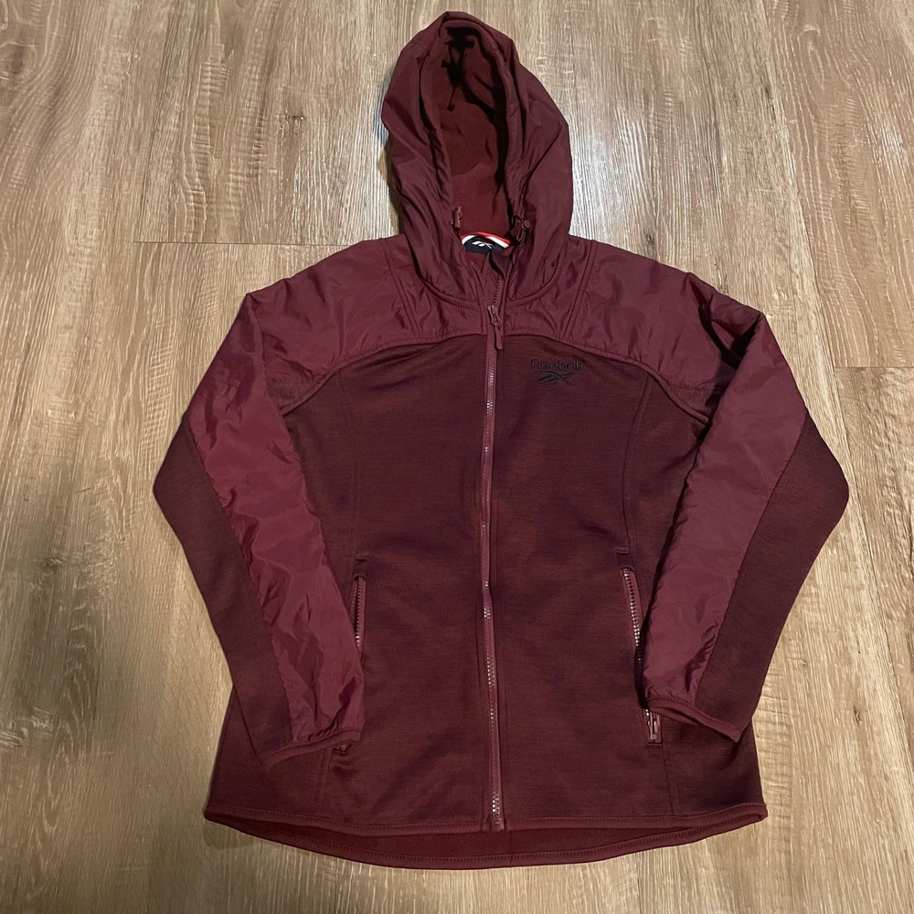 Reebok Mens Hybrid Fleece Hoodie Jacket Small Burgundy Polyester Full Zip Active